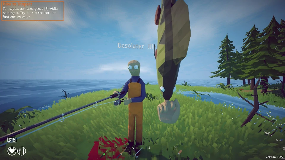 A friend holding up a Desolater III catch while you hold the starting rod