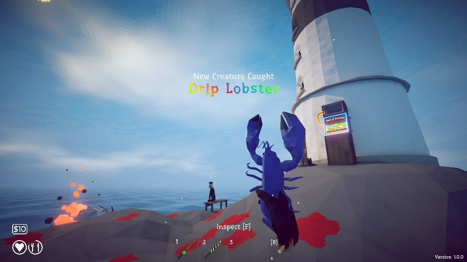 The Drip Lobster creature caught below the Lighthouse, claws raised