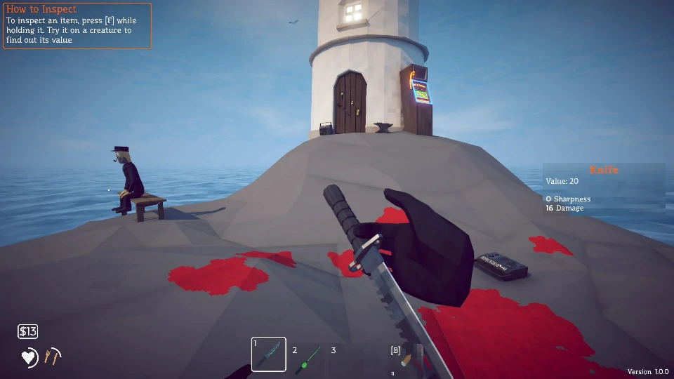 The Lighthouse island: a rocky shore with a white lighthouse and a small cabin