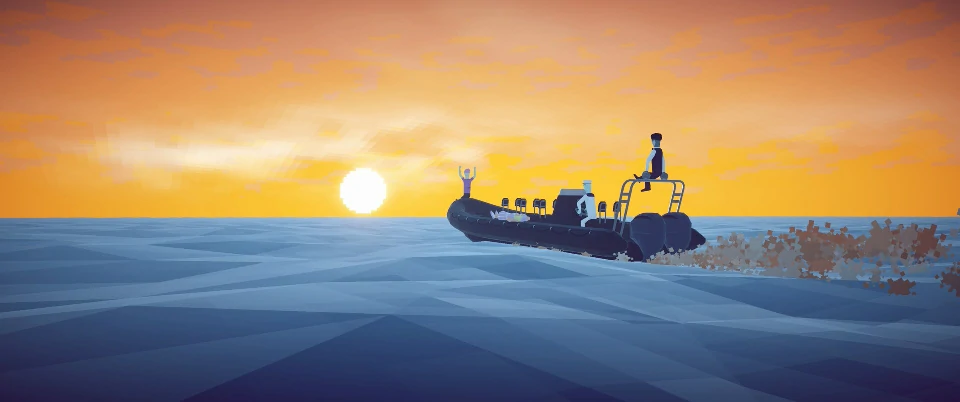 The crew's boat crossing open water at sunset