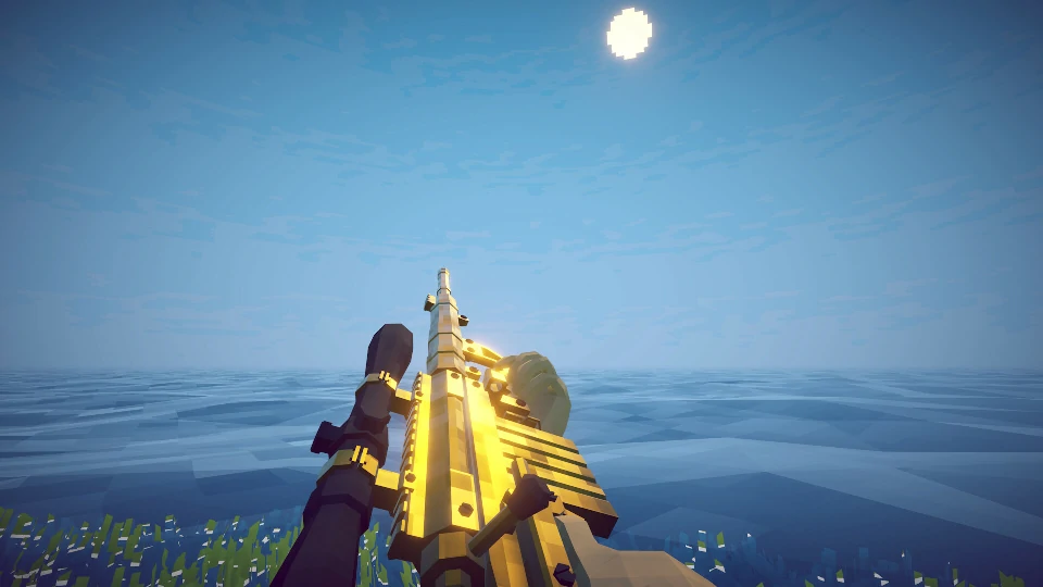 Aiming the sniper rifle down its scope at an airborne fish for a trick-shot bonus