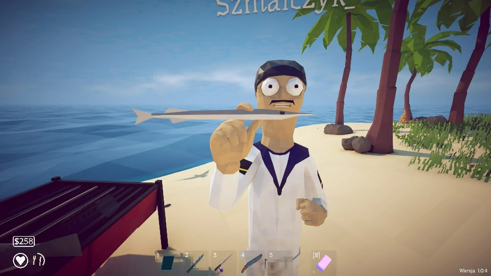 The Tourist on the Desert island beach, palms behind him