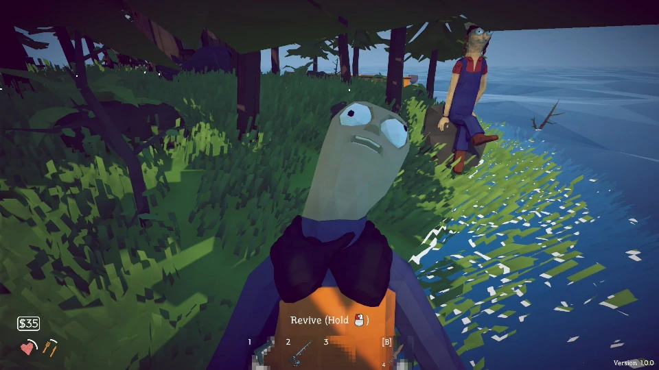 The Forest Lady at the Forest island waterline, reviving a downed teammate