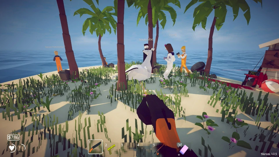 The Islanders on the beach, one of them held up by a seagull
