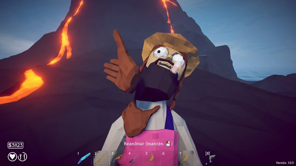 The Military NPC on the Volcano island, lava running down the slope behind