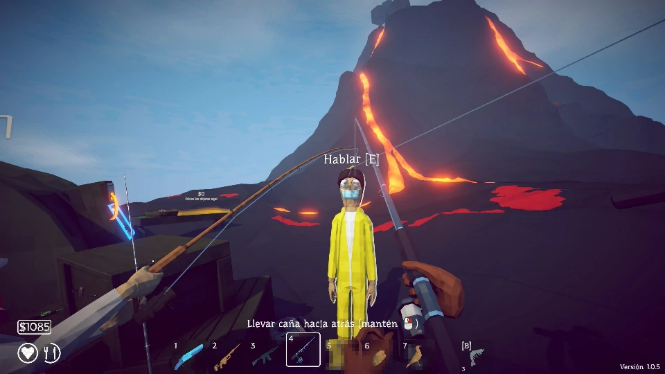 The Scientist in his yellow hazmat suit below the volcano, lava behind him