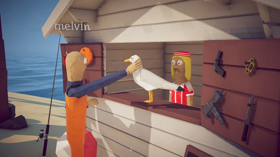 The Shop NPC behind the counter, weapons hanging on the wall